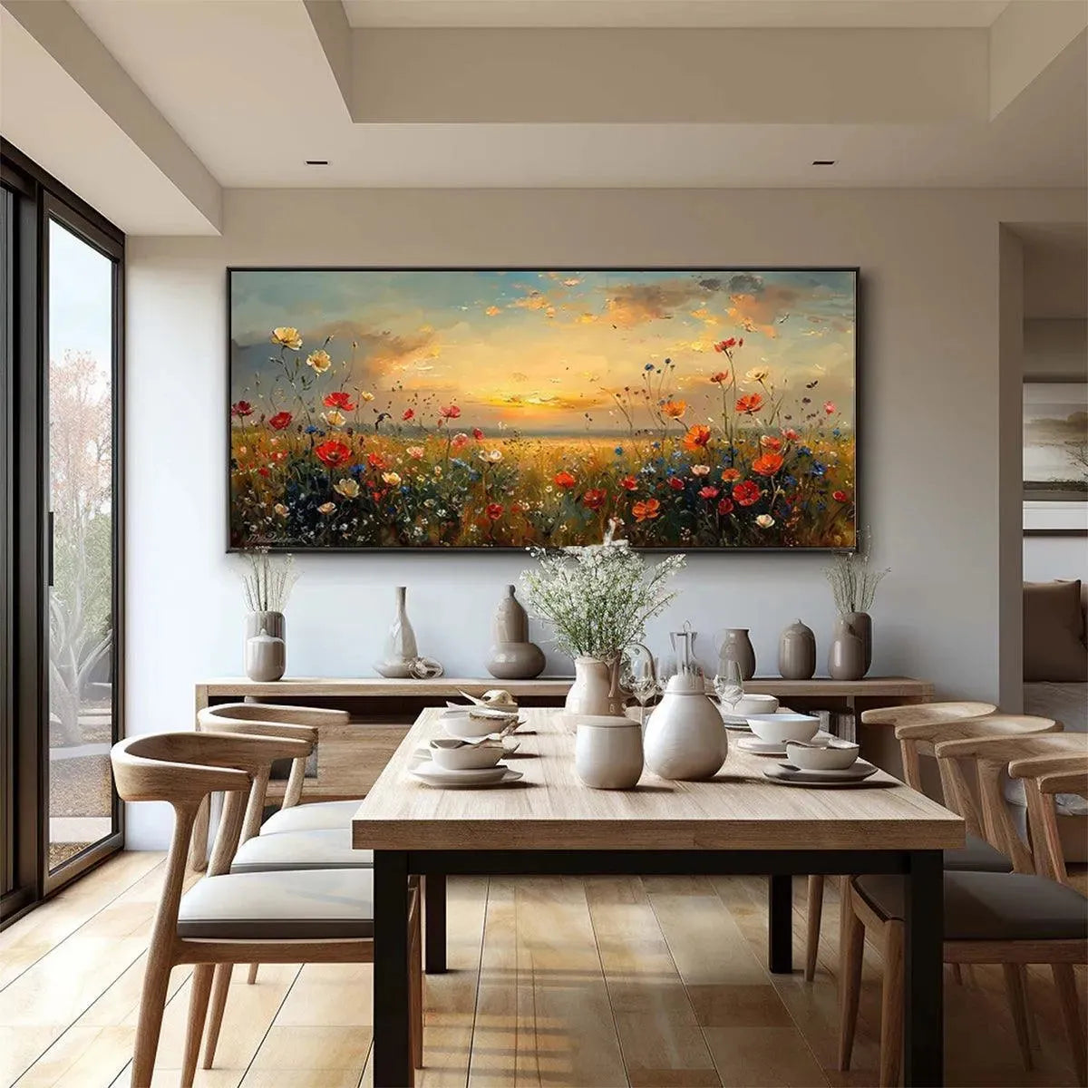 Sunset Field painting, featuring colorful wildflowers at sunset by Liam O'Connell. Framed artwork for home decor.