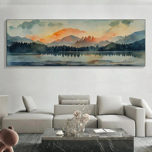 Sunset Serenity Panoramic: Landscape Painting | Panoramic Wall Art | Watercolor Decor