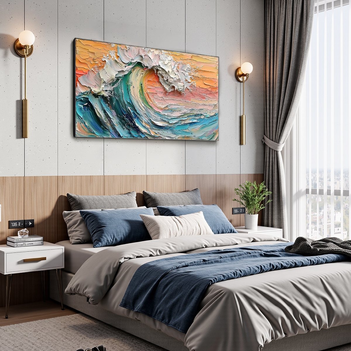 SUNSET SURGE: Textured Impasto Ocean Wave Oil Painting
