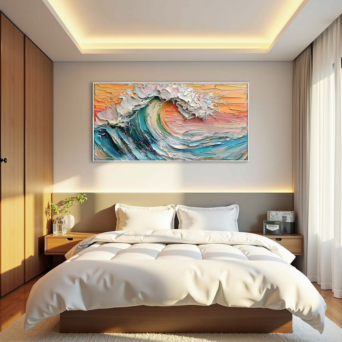 SUNSET SURGE: Textured Impasto Ocean Wave Oil Painting
