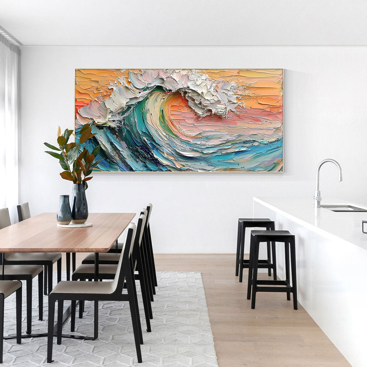 SUNSET SURGE: Textured Impasto Ocean Wave Oil Painting