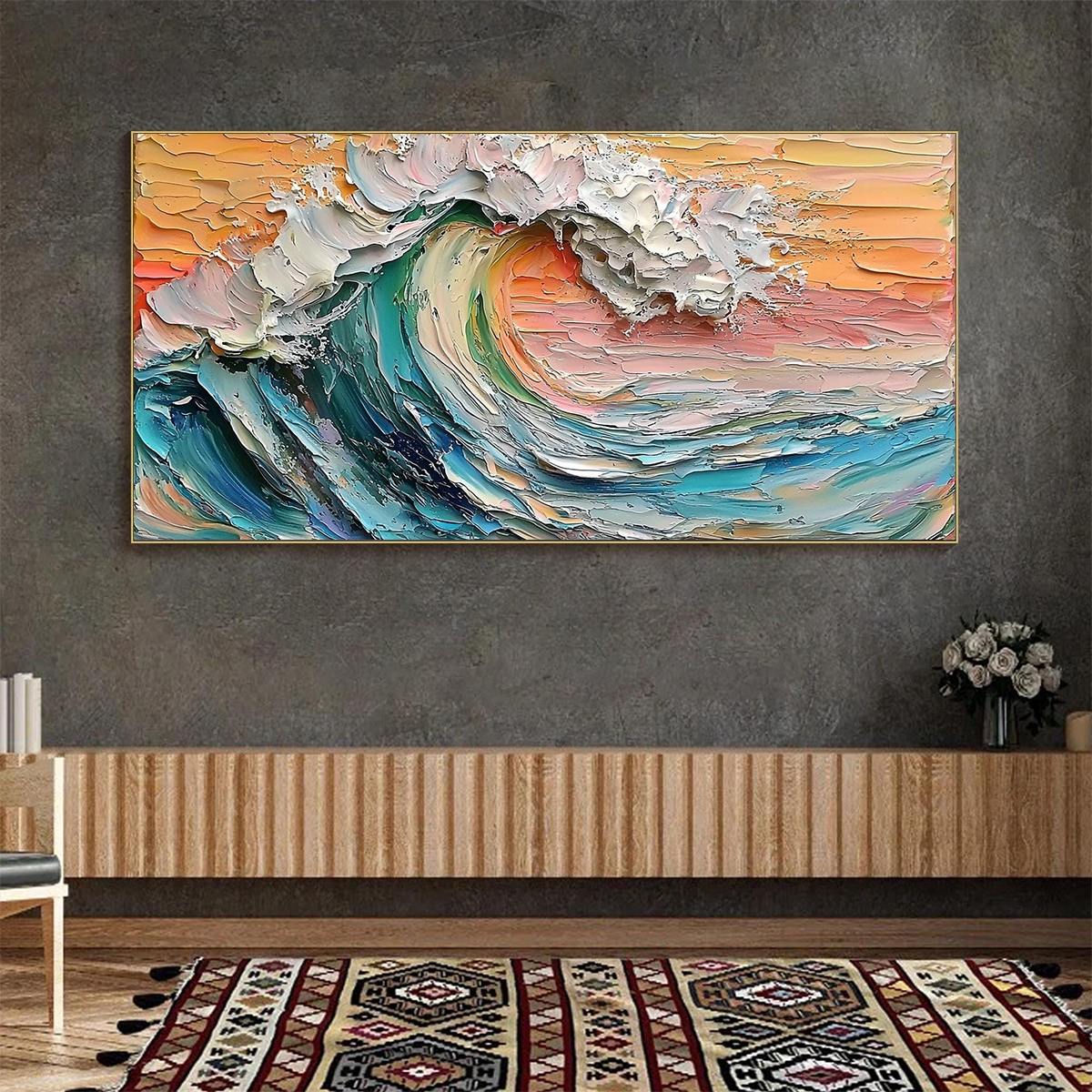 Sunset Surge: Original Impasto Ocean Wave Oil Painting - Textured Seascape Wall Art Decor