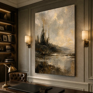Moody lake landscape oil painting with stormy light, dark trees and golden-grey texture in a modern office.