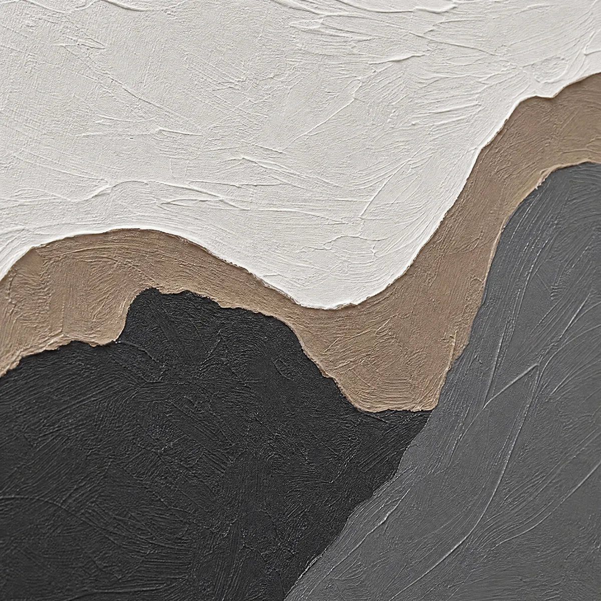 Textured abstract earth-tone triptych with white, beige, charcoal and gray layers
