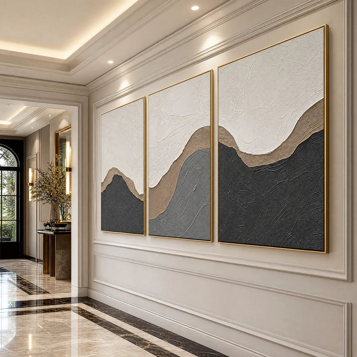 Textured minimalist abstract earth-tone triptych wall art in gold frames