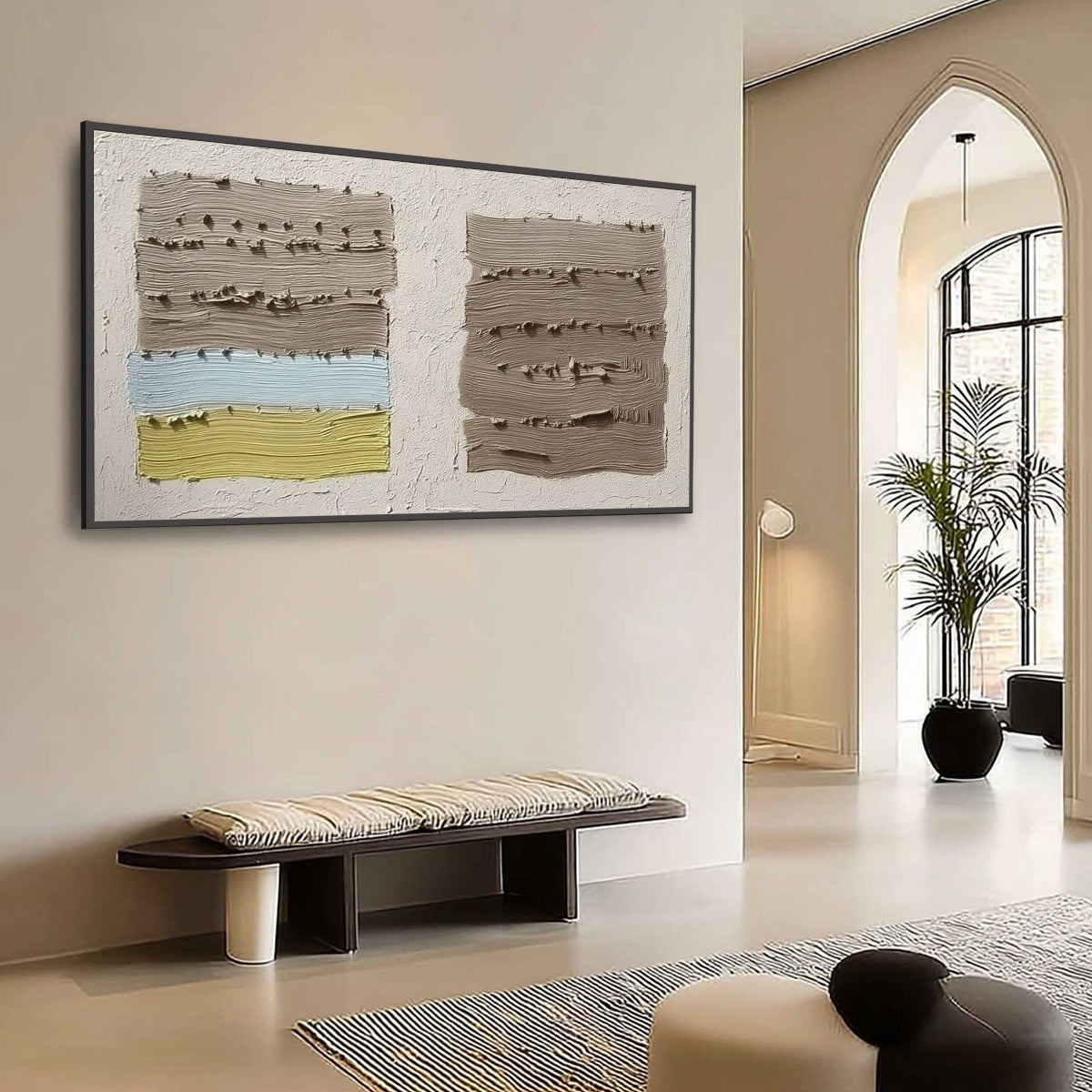 Original handmade textured abstract painting 'TERRA FIRMA', Wabi Sabi impasto, taupe, blue, yellow.