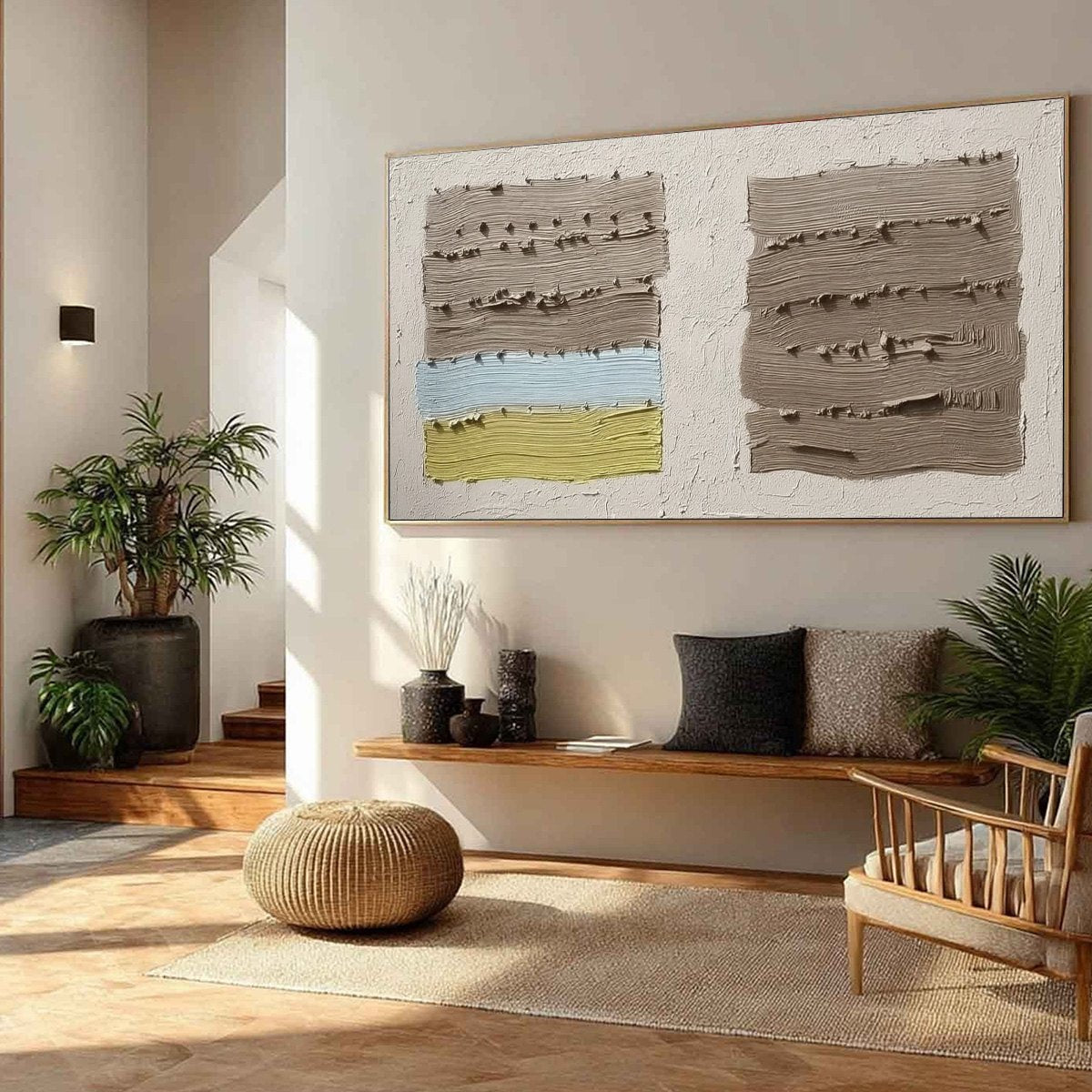 TERRA FIRMA: Textured Wabi Sabi original abstract painting, impasto taupe, blue, yellow.