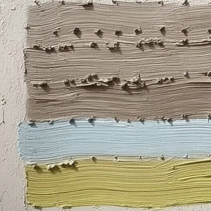 Original handmade textured Wabi Sabi abstract painting with impasto, taupe, blue, yellow.