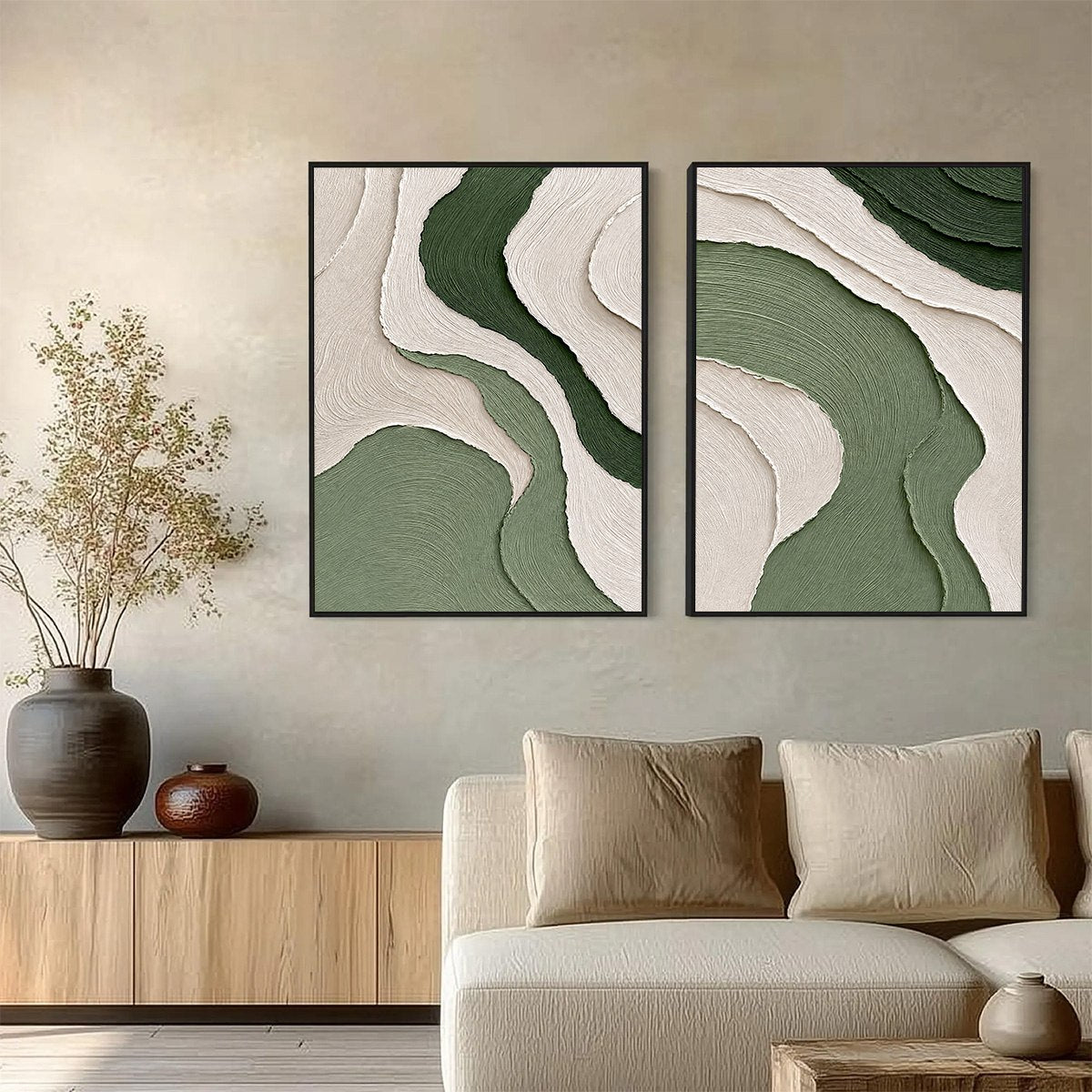 TERRA: Textured Wabi Sabi Abstract Diptych in Earthy Greens