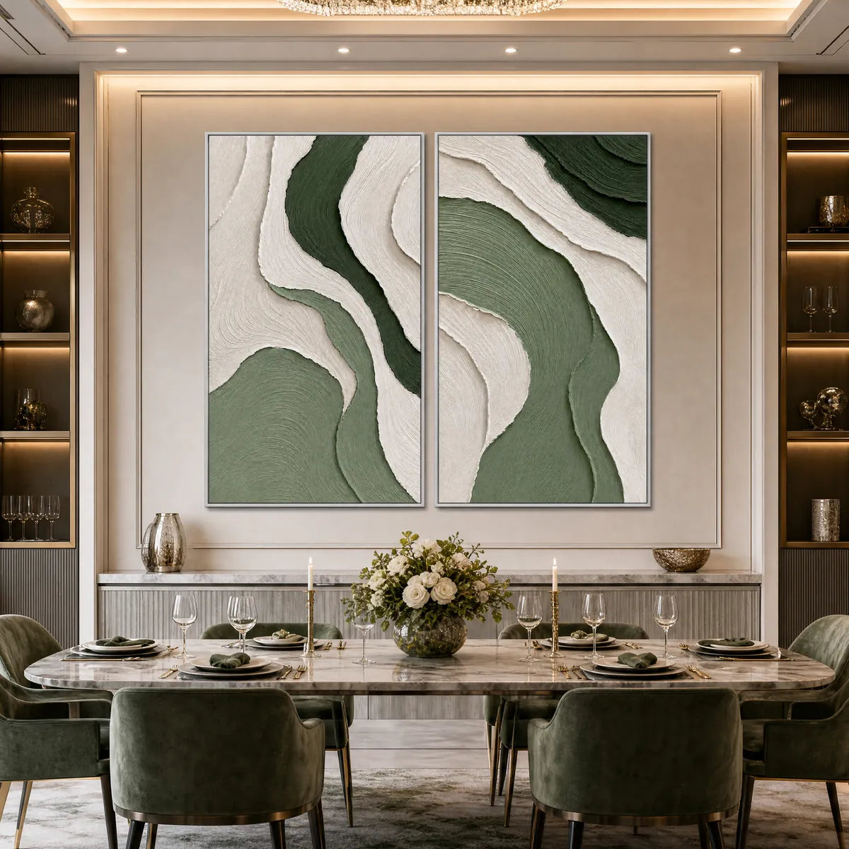 Textured green and cream Wabi Sabi abstract diptych wall art in a luxury dining room
