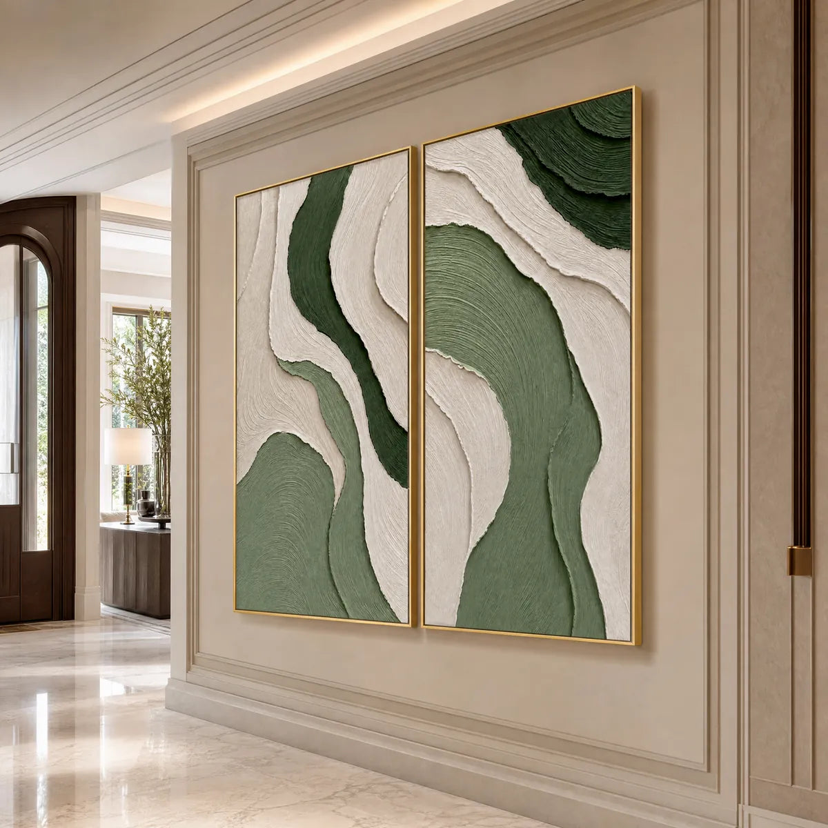 Textured Wabi Sabi abstract diptych wall art in earthy green and beige, framed in gold
