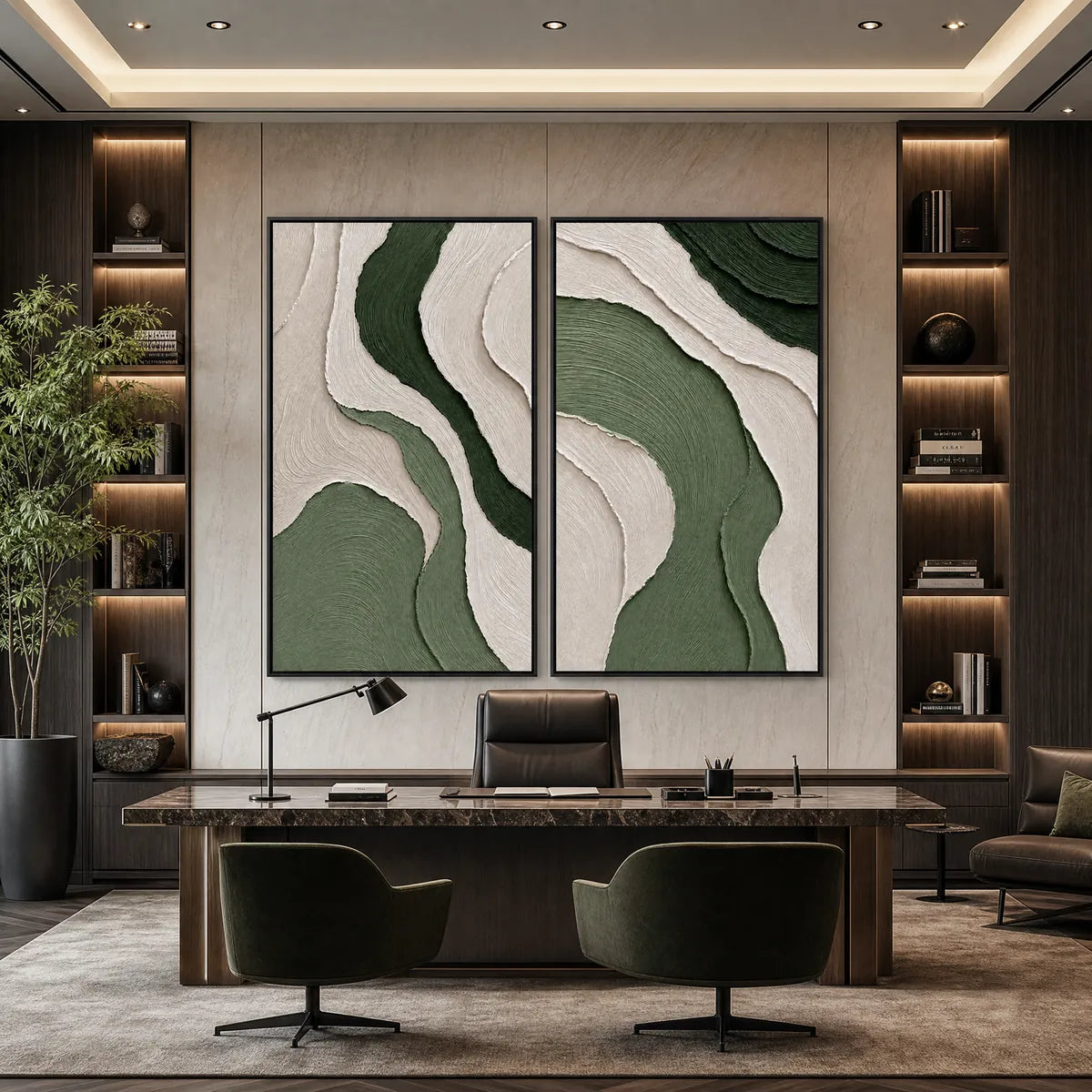 Textured Wabi Sabi abstract diptych in earthy green and beige tones