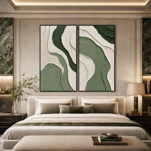 Textured Wabi Sabi abstract diptych wall art in earthy green and beige above a bed