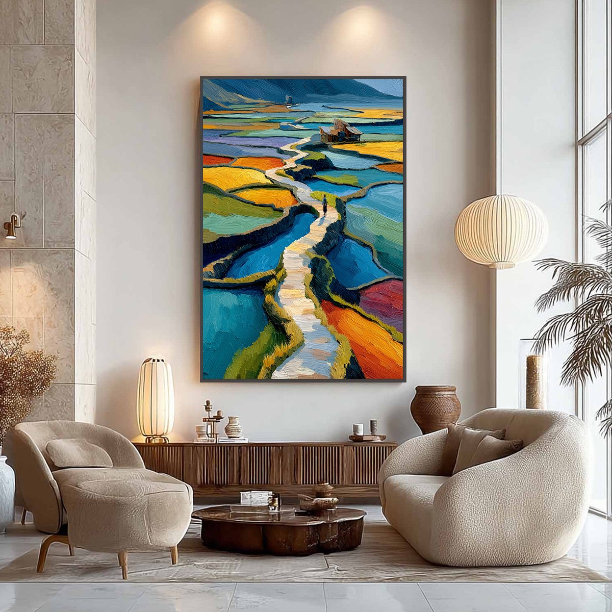 TERRACED JOURNEY: Vibrant Textured Impasto Landscape Painting