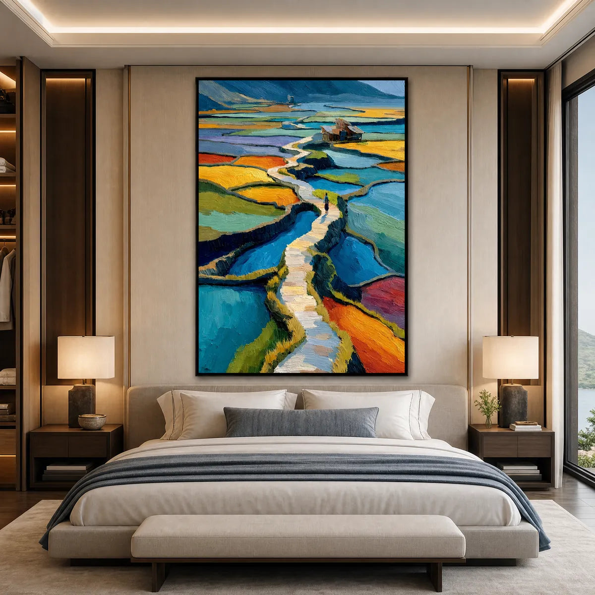 Vibrant impasto landscape wall art with colorful terraced fields and winding path