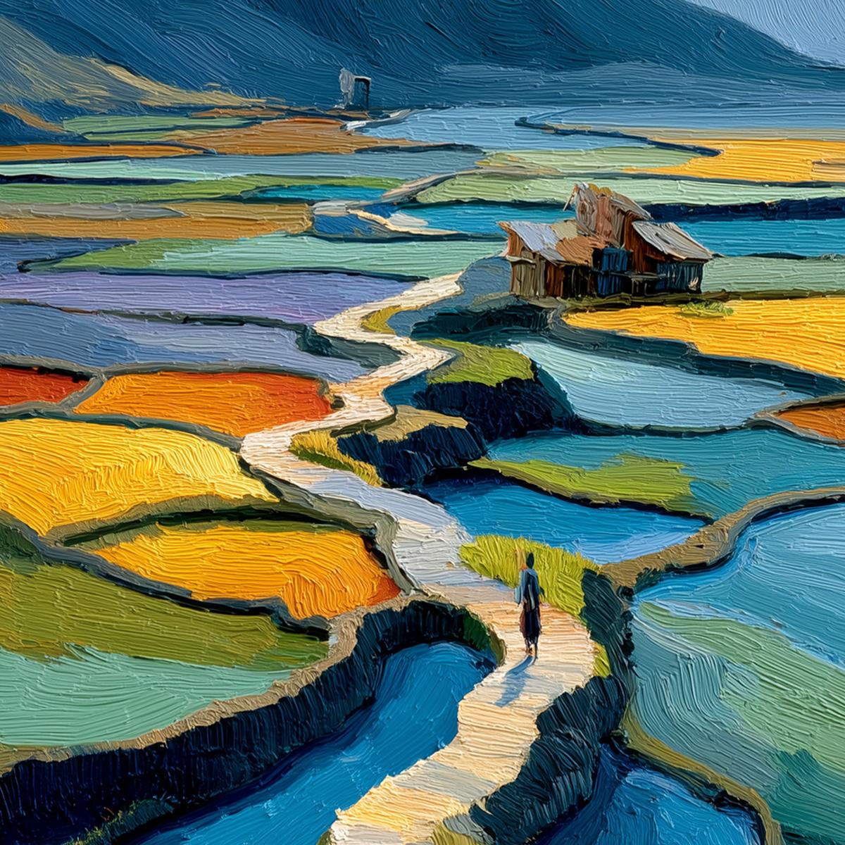 TERRACED JOURNEY: Vibrant Textured Impasto Landscape Painting