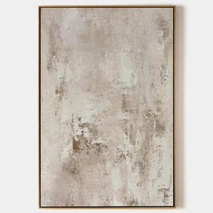 Textured Beige Abstract painting by Javier Ramirez. Modern minimalist artwork with neutral beige tones and a gold frame.
