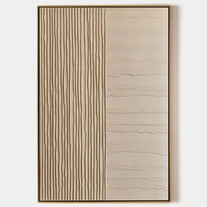 Textured beige painting by Javier Ramirez. Minimalist artwork with vertical and horizontal lines. Gold frame.