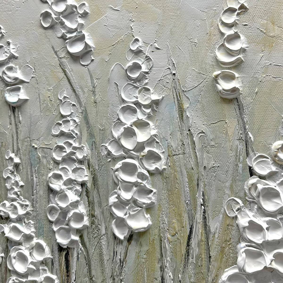 TEXTURED MEADOW: Textured Floral Landscape Painting in Green and White