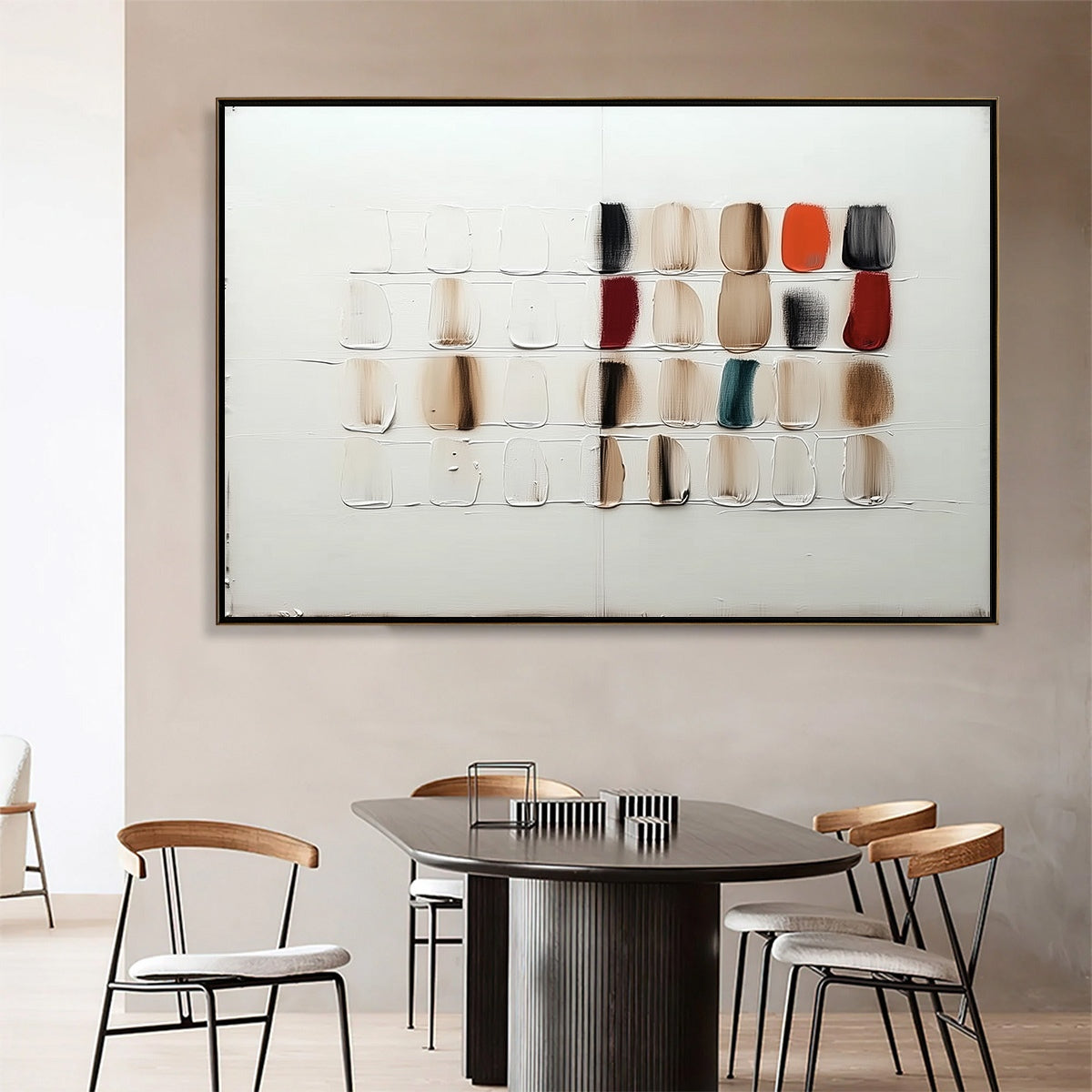Dining room with a modern table and chairs, featuring a large abstract painting on the wall.