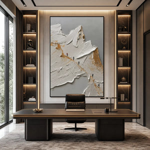 Textured abstract mountain impasto oil painting in white, gold and gray, modern office wall art