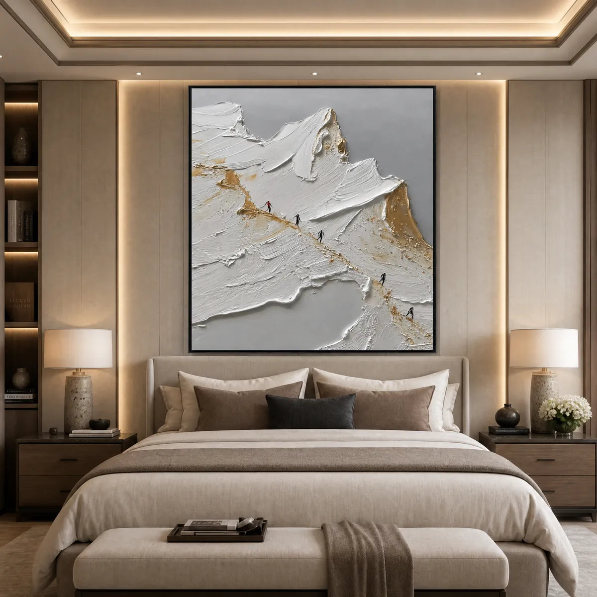 Textured abstract mountain impasto oil painting in white, gold and gray above a beige bed