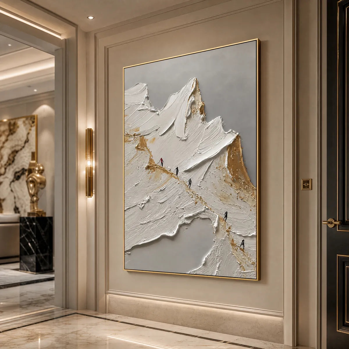 Textured abstract mountain impasto oil painting in white, gold and gray, framed wall art
