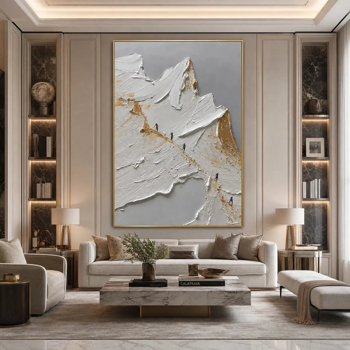 Textured abstract mountain impasto oil painting in white, gray and gold on a luxury living room wall