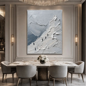 Textured impasto mountain oil painting wall art in gray and white, with tiny climbers