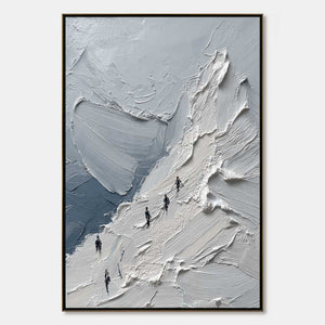 Textured impasto mountain oil painting with climbers in white and gray tones