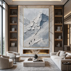 Textured palette knife mountain climbers wall art in a modern luxury living room
