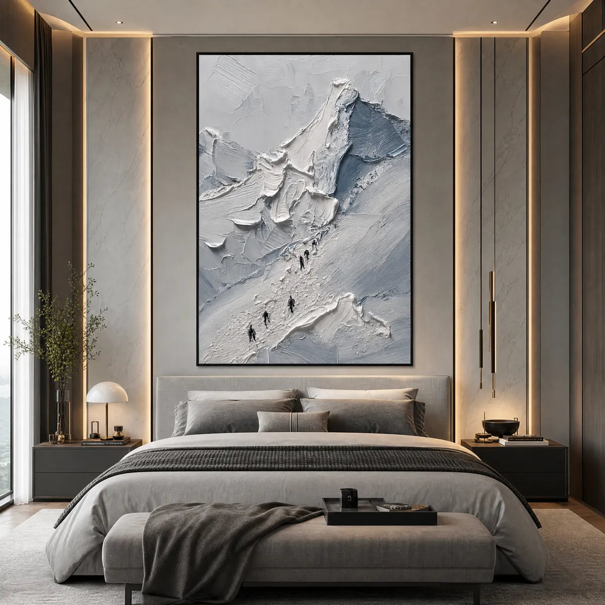 Textured abstract mountain climbers wall art in gray and white above a modern bed