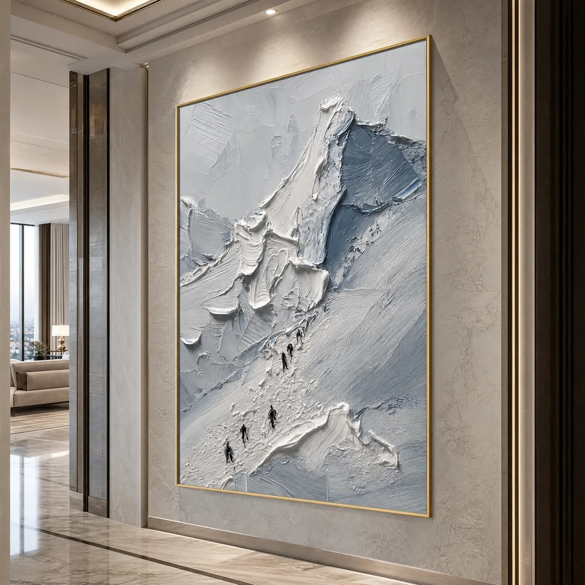 Textured mountain climbers wall art in blue and white, gold framed modern abstract painting