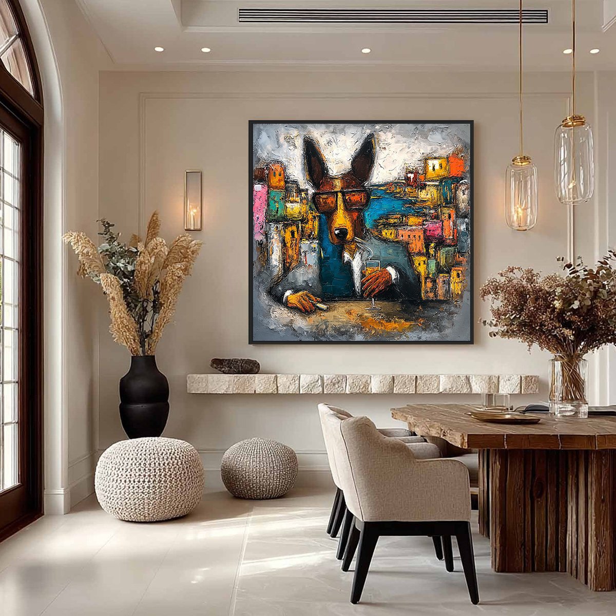 THE CHAIRMAN: Textured Impasto Painting of a Dapper Dog in the City