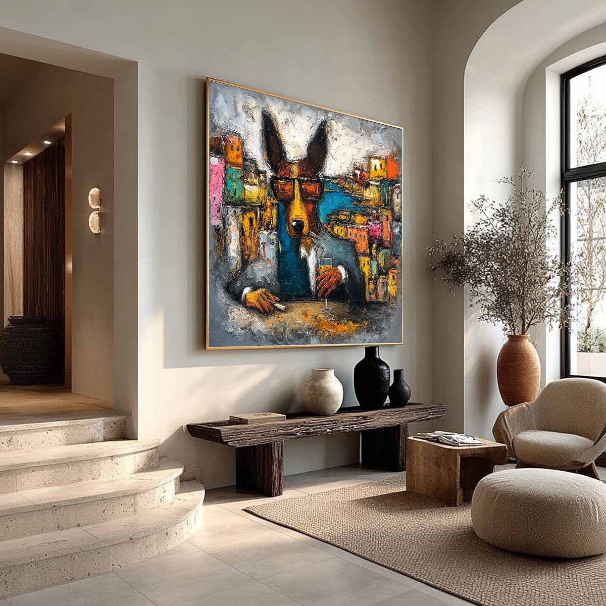 THE CHAIRMAN: Textured Impasto Painting of a Dapper Dog in the City