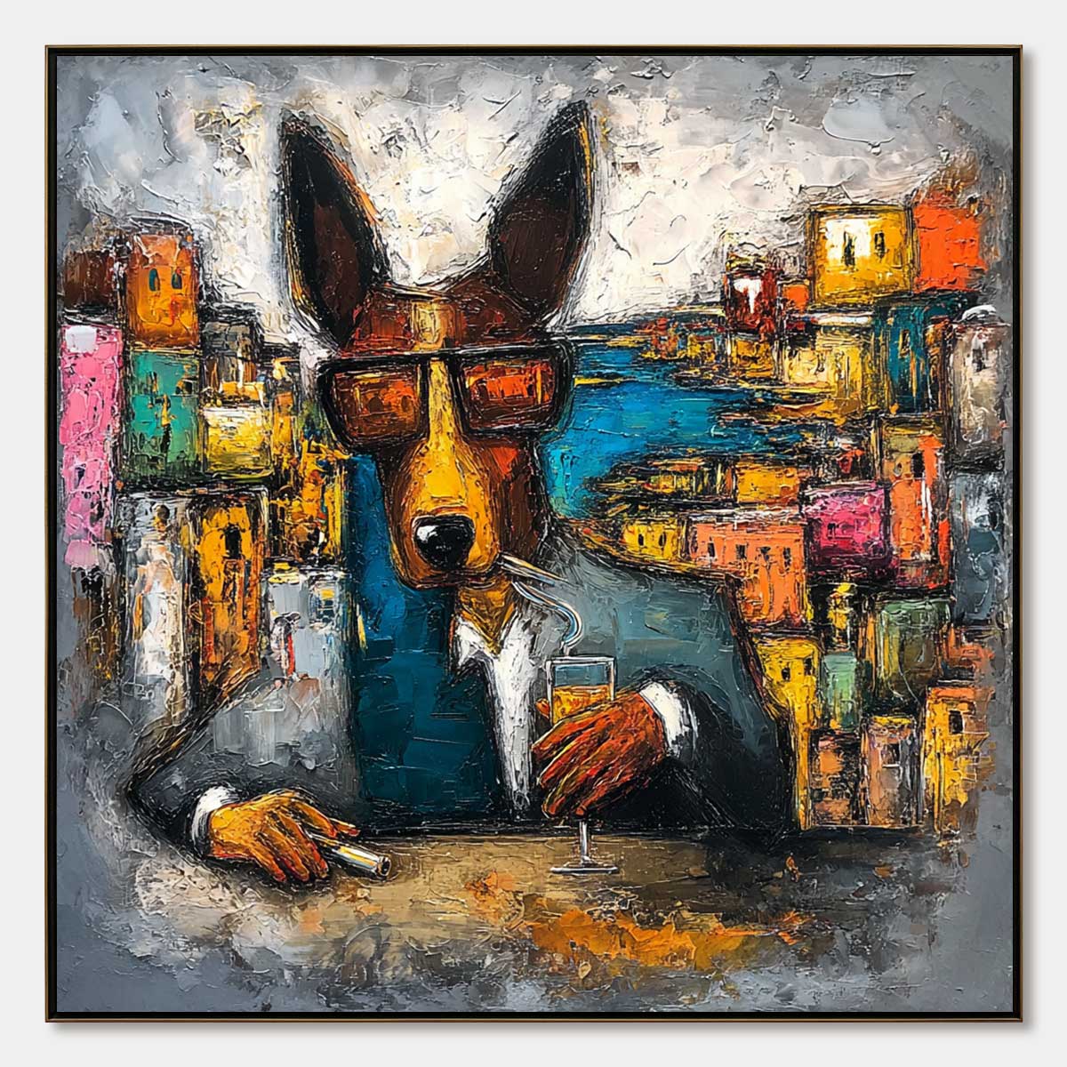 THE CHAIRMAN: Textured Impasto Painting of a Dapper Dog in the City