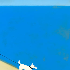 "The Companion" minimalist beach oil painting: white dog on leash, modern wall art.