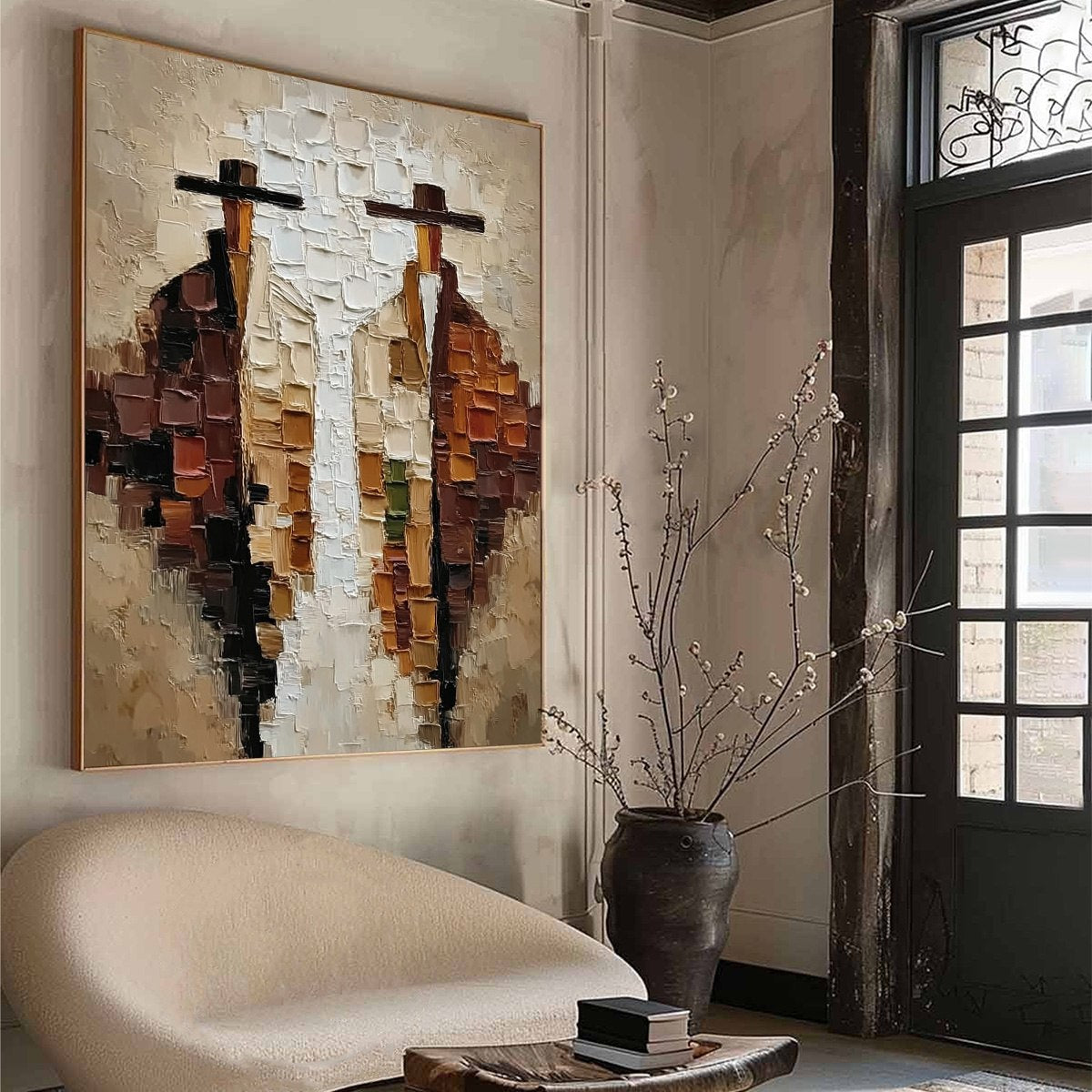 THE COMPANIONS: Heavily Textured Abstract Figurative Impasto Painting