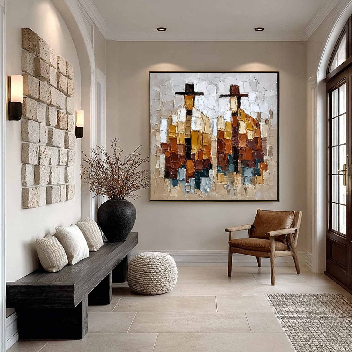 THE COMPANIONS: Heavily Textured Abstract Figurative Palette Knife Oil Painting