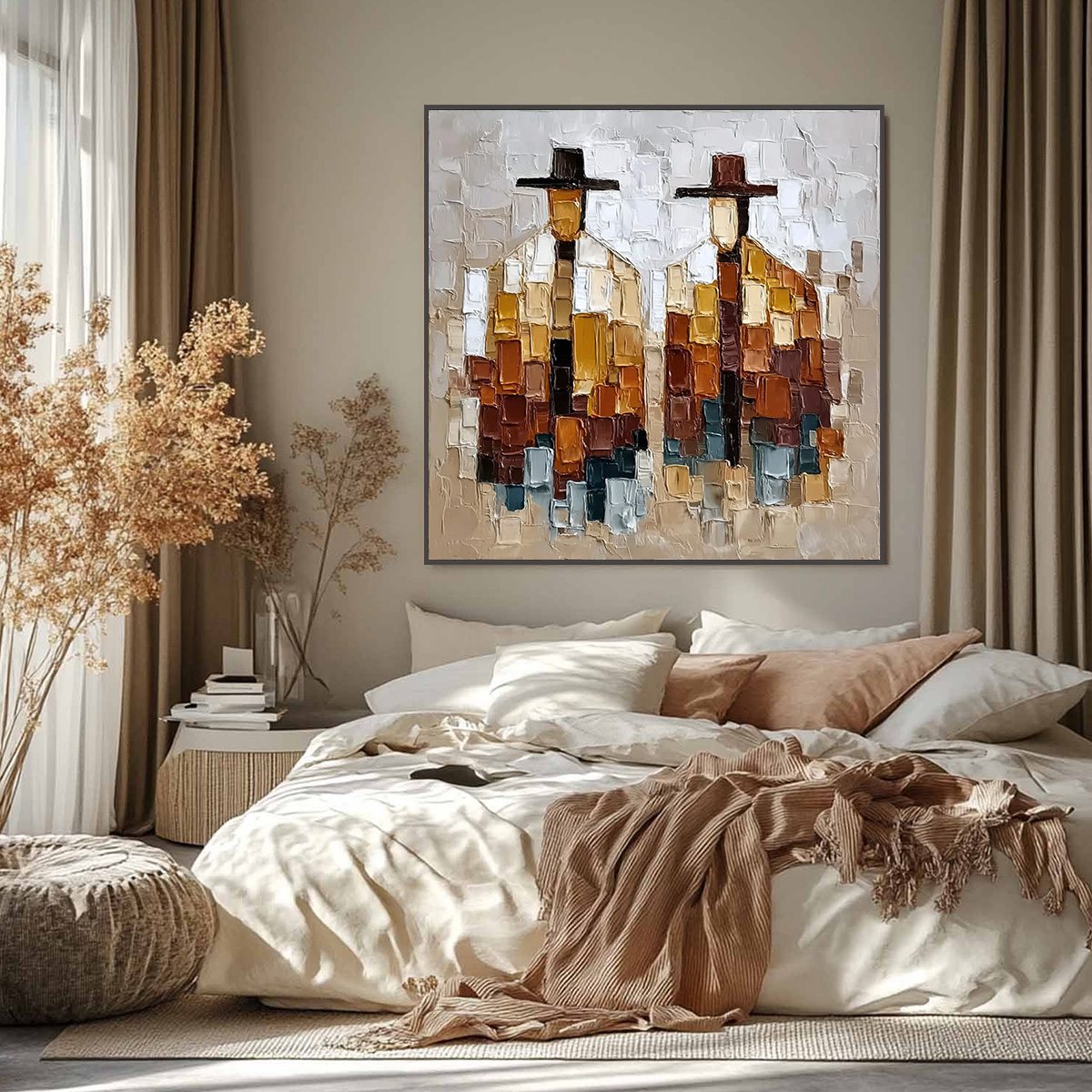 THE COMPANIONS: Heavily Textured Abstract Figurative Palette Knife Oil Painting