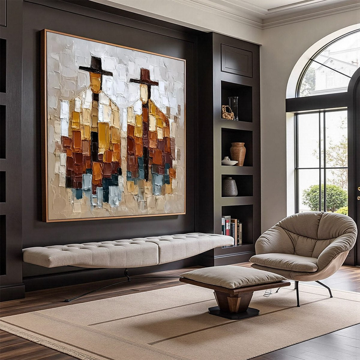 THE COMPANIONS: Heavily Textured Abstract Figurative Palette Knife Oil Painting