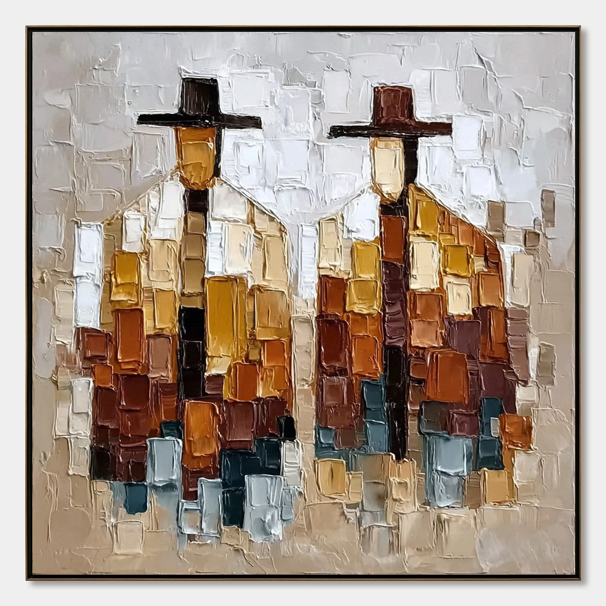 THE COMPANIONS: Heavily Textured Abstract Figurative Palette Knife Oil Painting