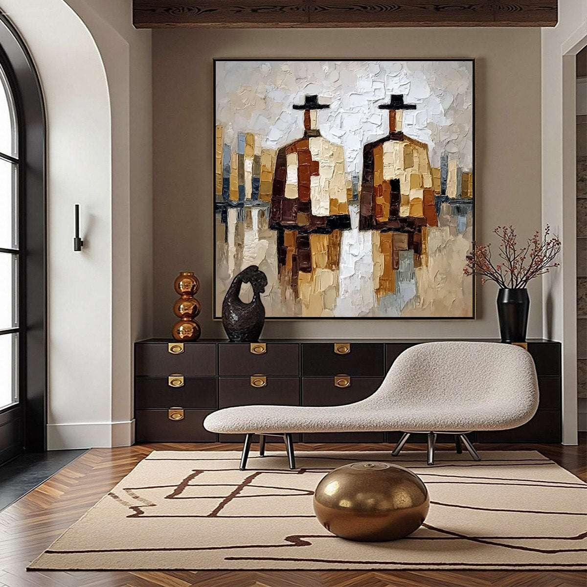 THE COMPANIONS: Textured Abstract Cityscape Painting of Two Figures