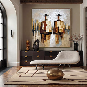 THE COMPANIONS: Textured Abstract Cityscape Painting of Two Figures