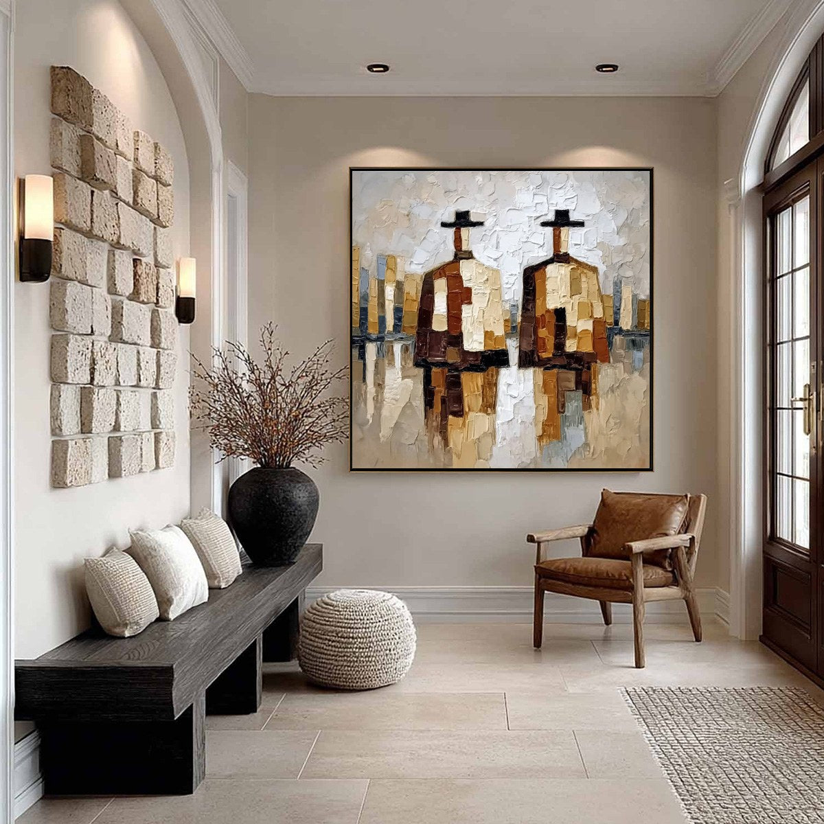 THE COMPANIONS: Textured Abstract Cityscape Painting of Two Figures