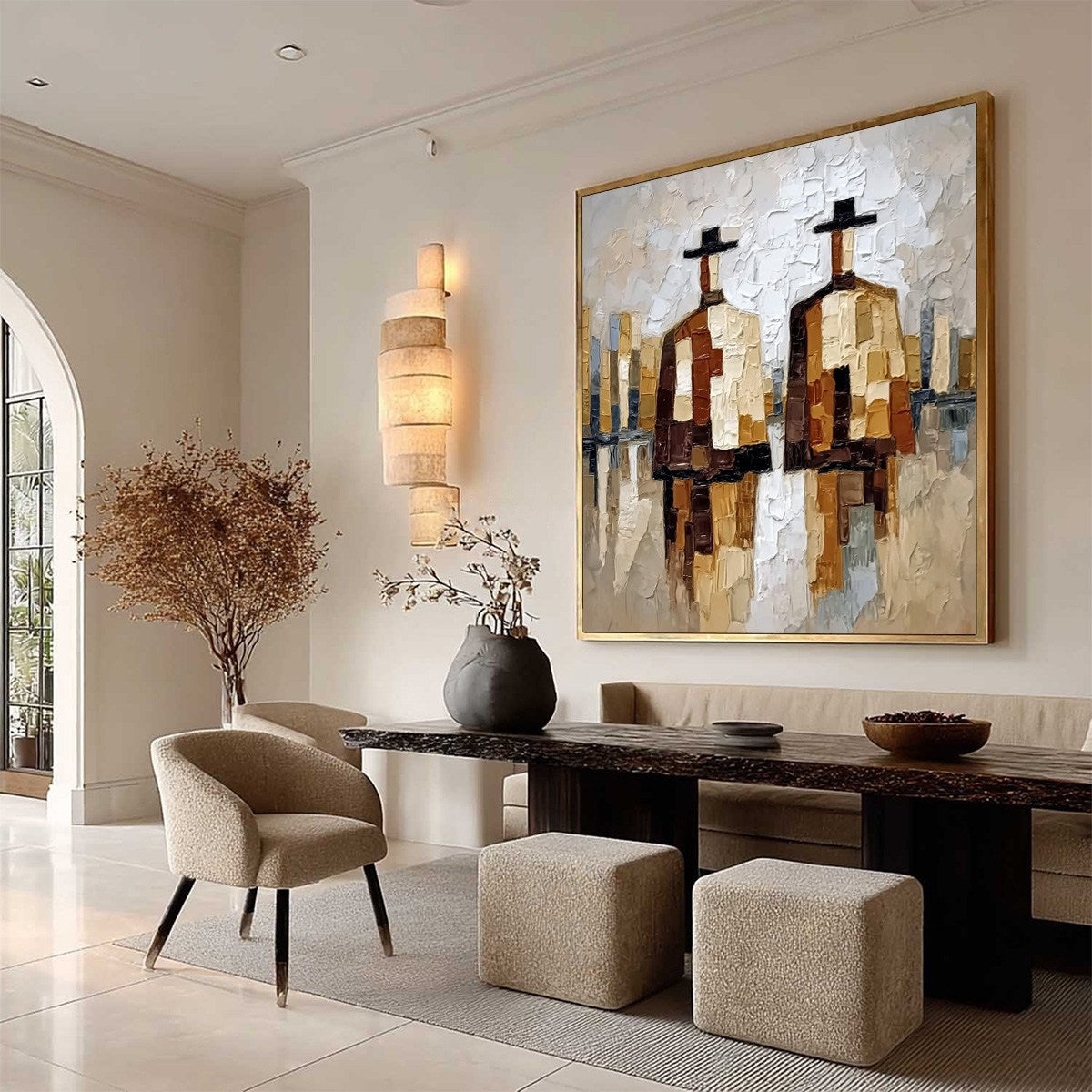 THE COMPANIONS: Textured Abstract Cityscape Painting of Two Figures