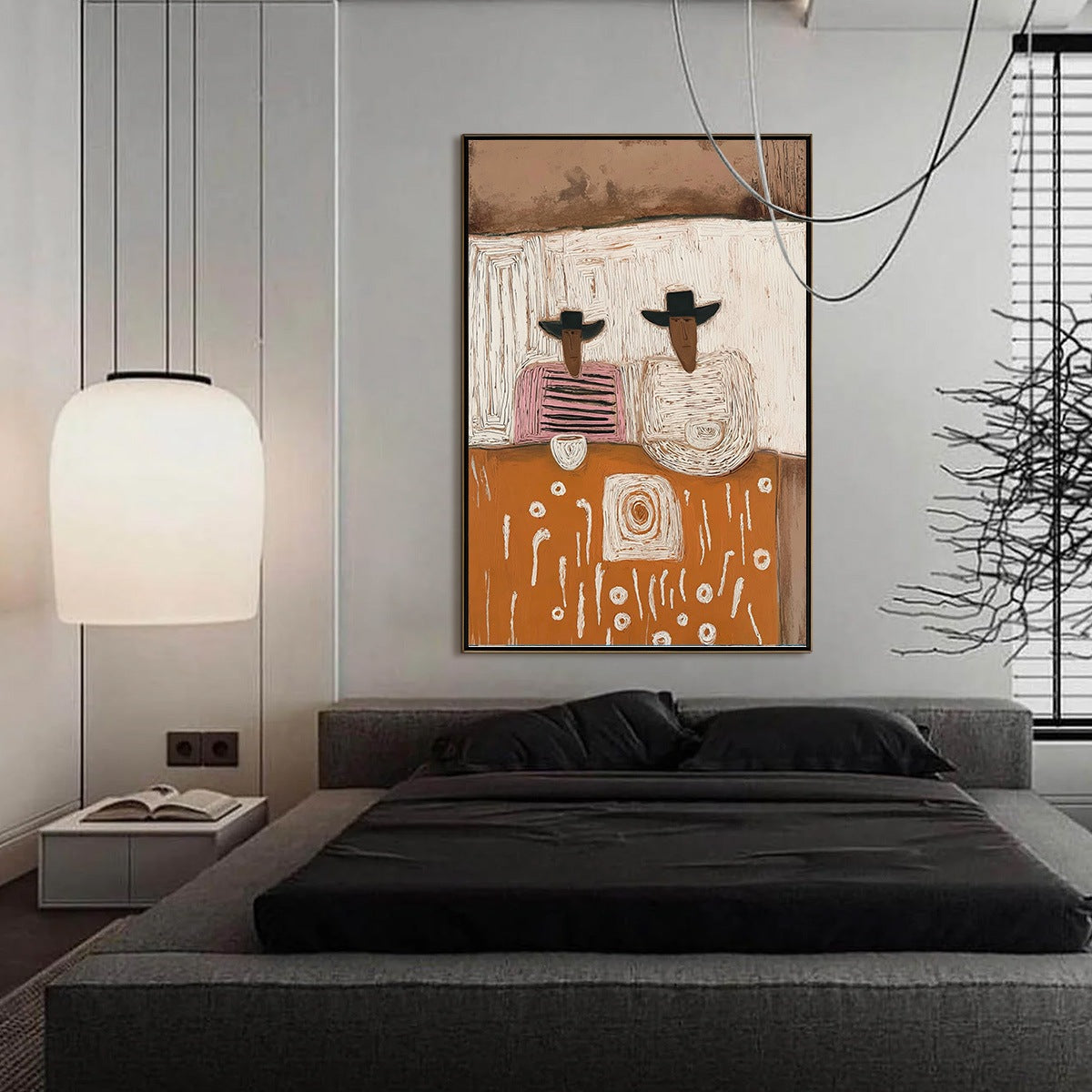 Textured impasto oil painting of two boho figures, terracotta, modern wall art.