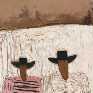Original impasto oil painting of two textured boho figures, titled 'The Companions'.