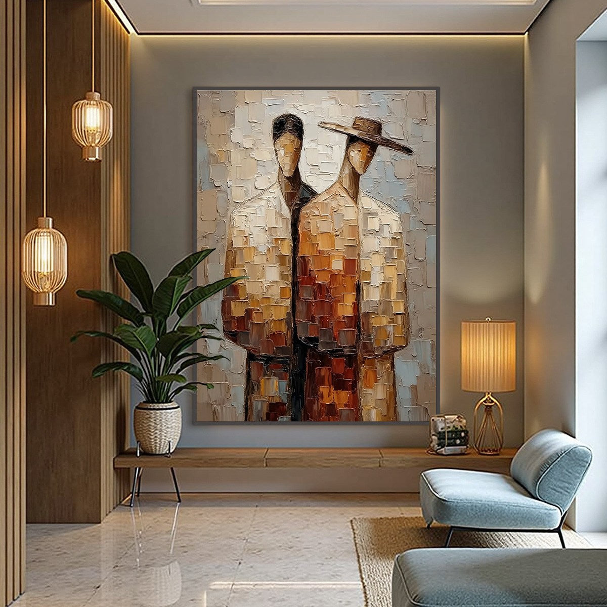 THE COMPANIONS: Textured Impasto Abstract Figurative Couple Painting