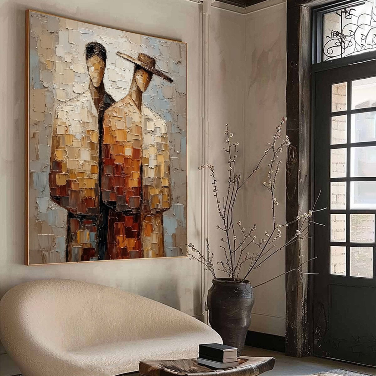 THE COMPANIONS: Textured Impasto Abstract Figurative Couple Painting
